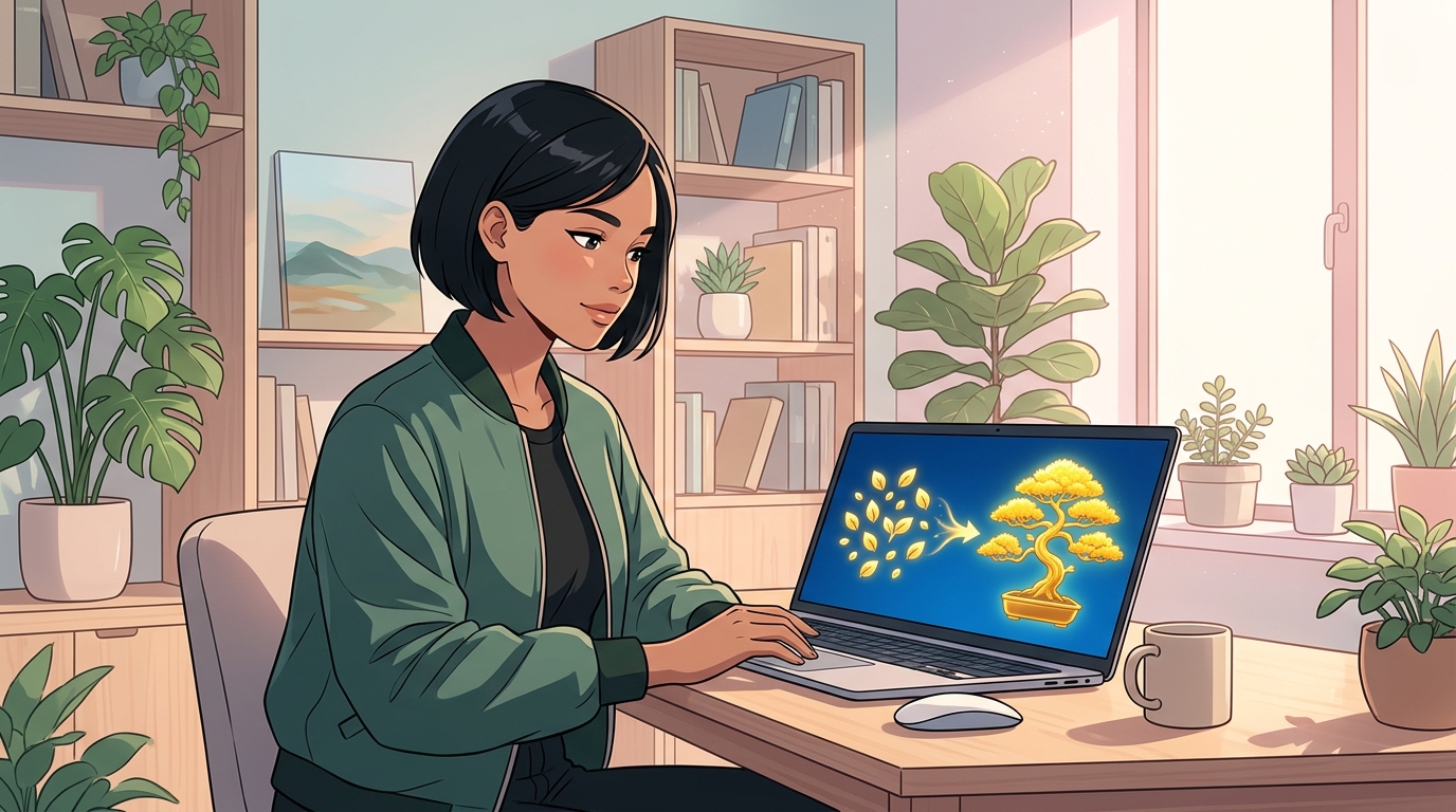 Illustration of a woman at her laptop watching scattered leaves consolidate into a single glowing bonsai tree, symbolizing combining retirement accounts