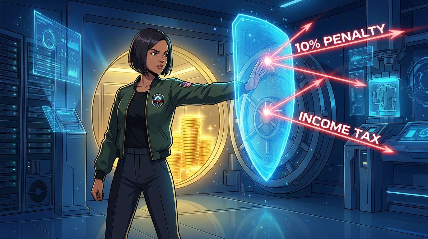 Illustration of a woman activating a shield to block a 10 percent penalty and income tax arrows aimed at a vault of retirement savings