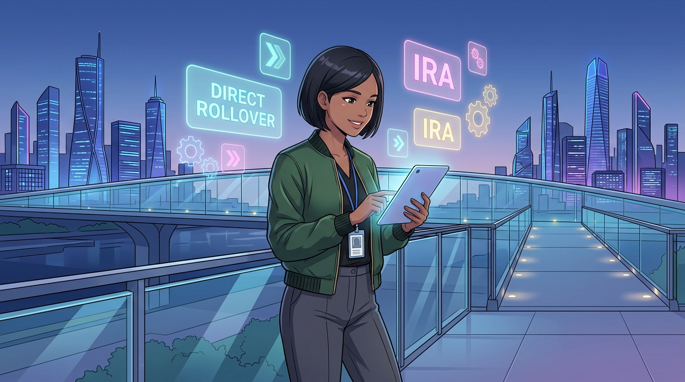Illustration of a professional reviewing direct rollover and IRA options on a tablet against a city skyline at dusk