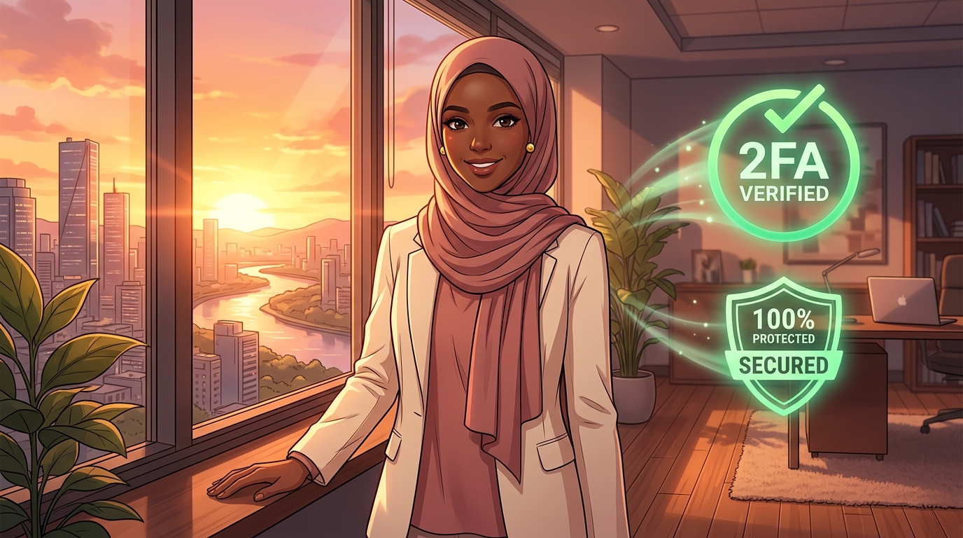 Illustration of a smiling woman with glowing 2FA Verified and 100 percent Protected security badges beside her