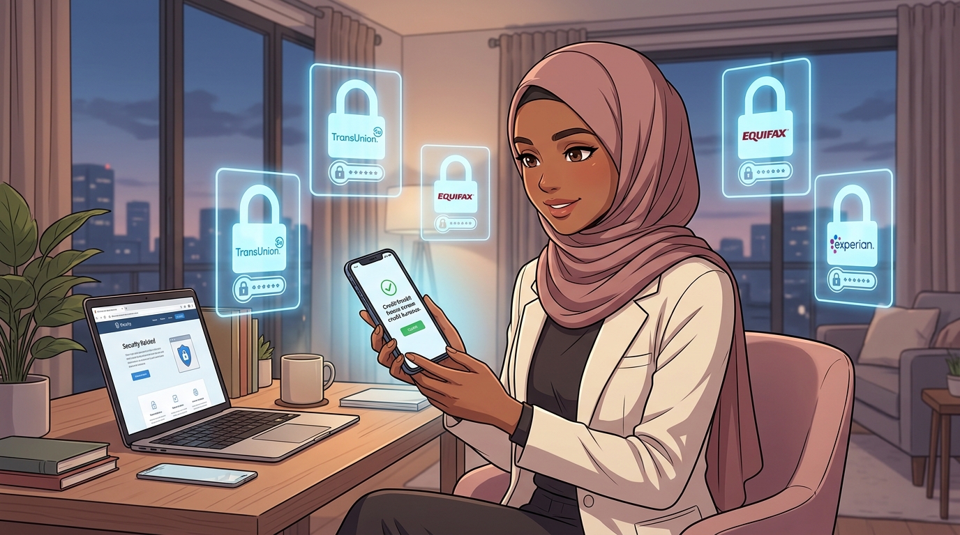 Illustration of a woman confirming a credit freeze on her phone with TransUnion, Equifax, and Experian lock icons floating around her