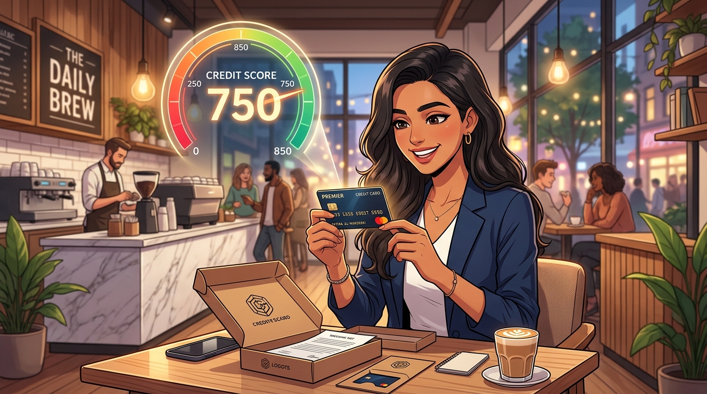 Illustration of a smiling woman unboxing a new credit card at a coffee shop with a credit score meter reading 750 glowing beside her
