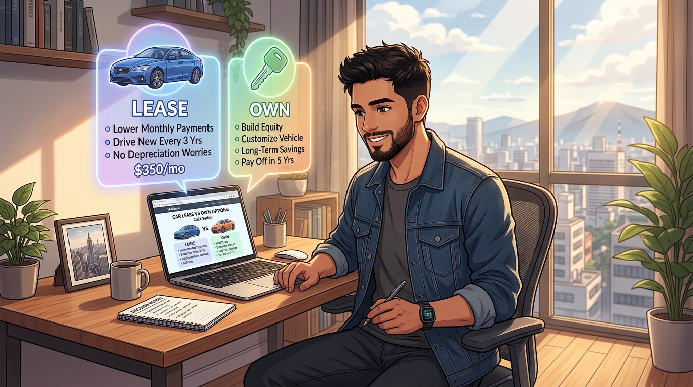 Illustration of a man comparing lease versus own options on his laptop, with floating panels showing monthly payments and long-term ownership benefits