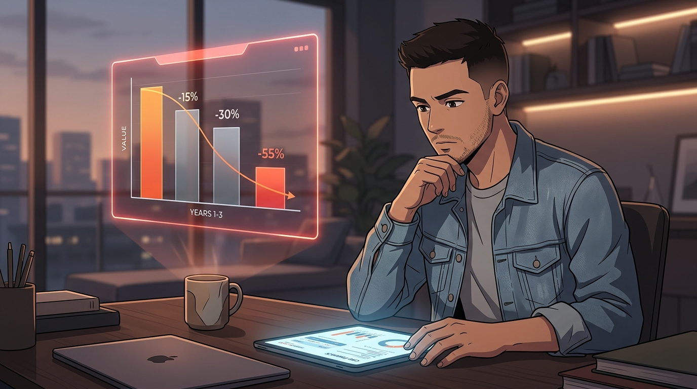Illustration of a man reviewing a chart showing a new car's value dropping 15%, 30%, and 55% over its first three years