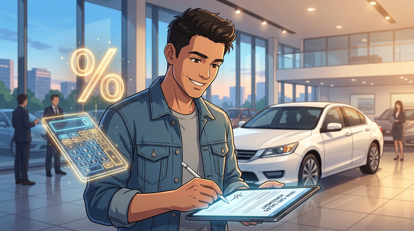 Illustration of a man signing a new car sales agreement at a dealership with a glowing calculator and percentage sign representing loan interest