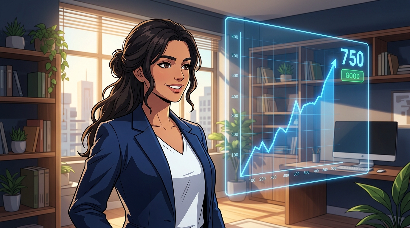 Illustration of a confident woman beside a holographic chart showing her credit score rising to 750 and rated Good