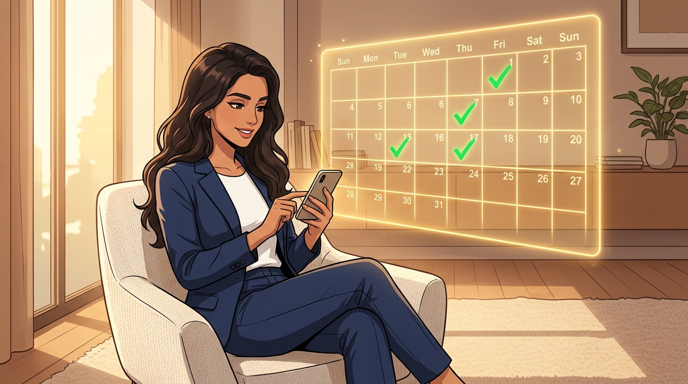 Illustration of a woman checking her phone with a glowing calendar showing green checkmarks on scheduled payment dates