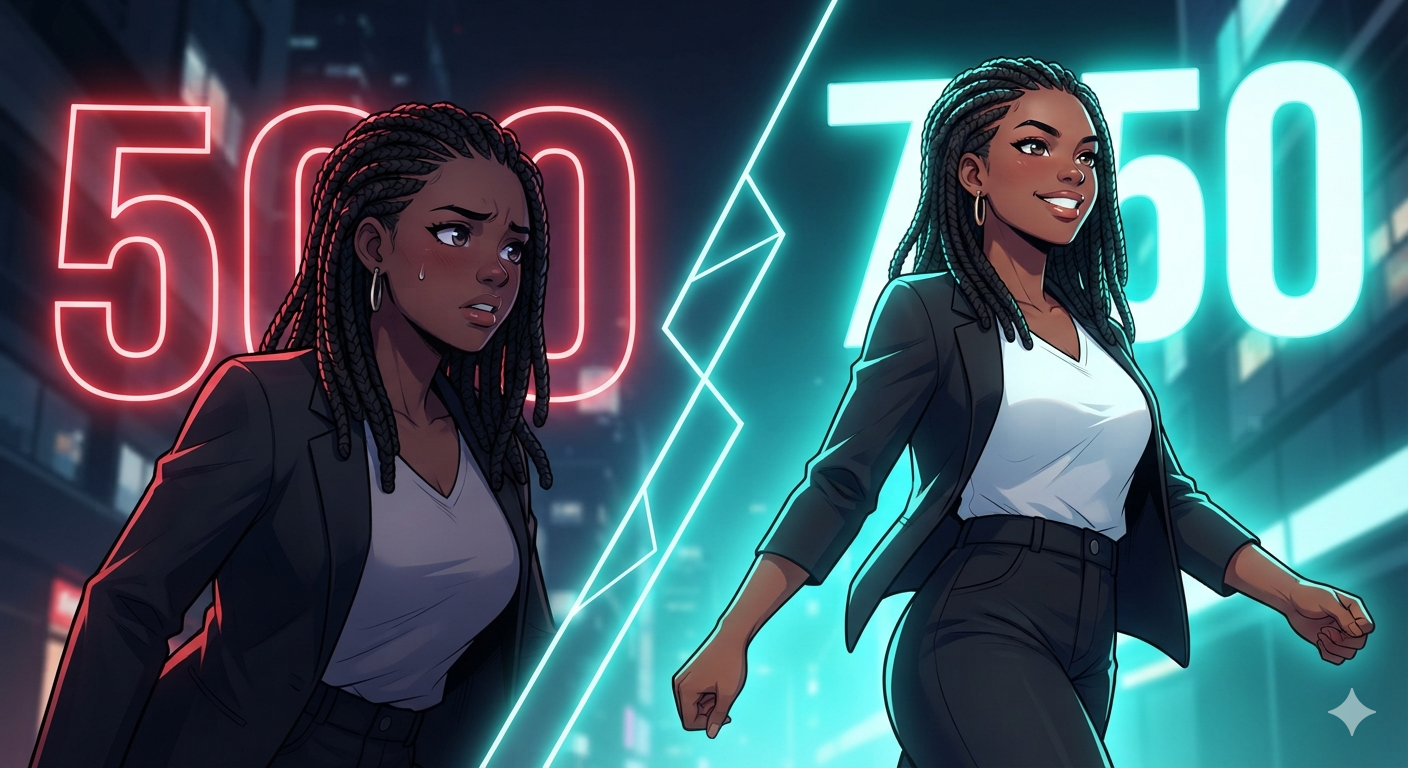 Split illustration of a woman going from a stressed low credit score of 500 to a confident high credit score of 750