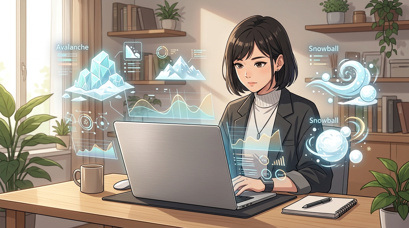 Illustration of a woman working on a laptop with holographic Avalanche and Snowball debt payoff method visuals floating around her