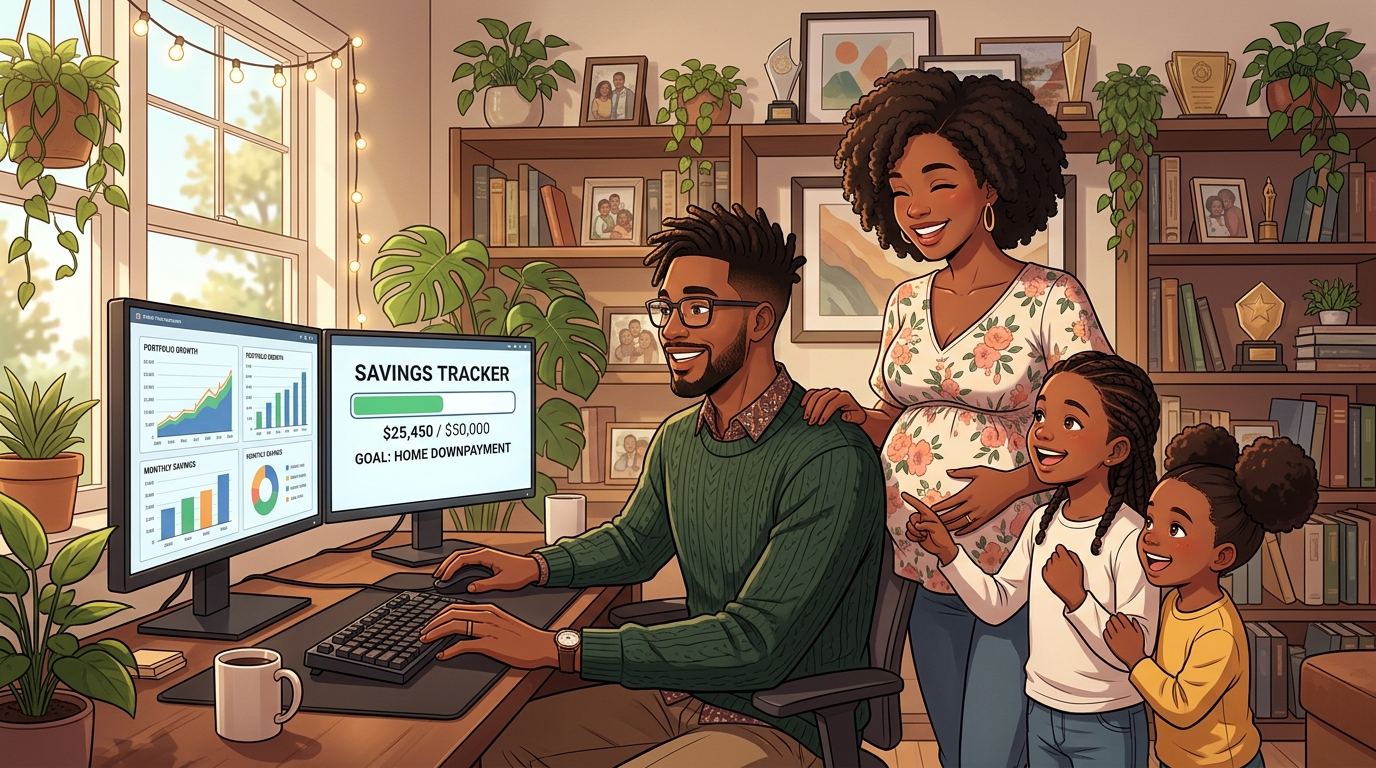 Illustration of a family looking at a home computer showing a savings tracker with progress toward a home down payment goal