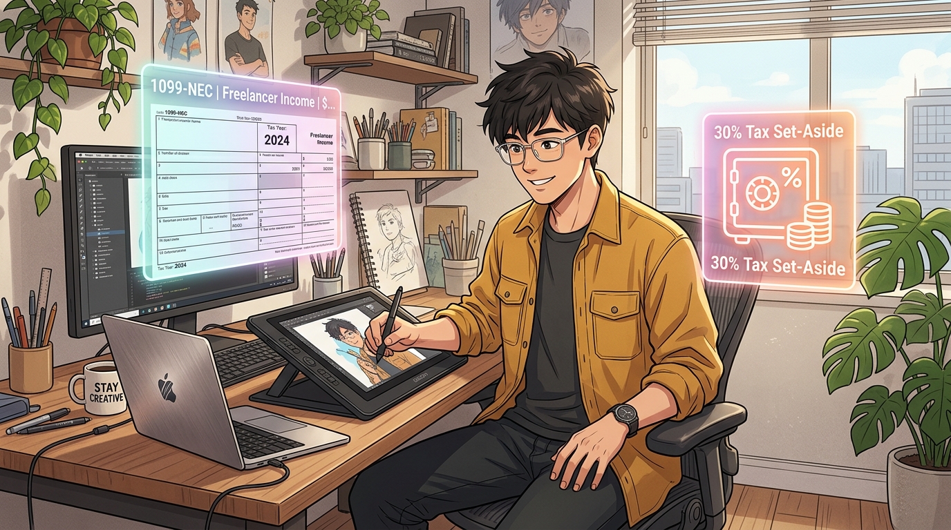 Illustration of a freelance illustrator at his desk with a 1099-NEC tax form and a glowing 30 percent tax set-aside safe icon beside him