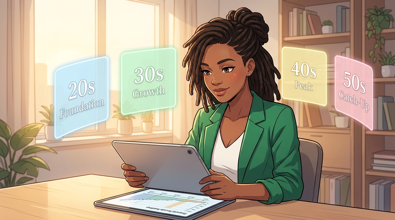Illustration of a woman reviewing a financial roadmap on her tablet with floating labels for 20s Foundation, 30s Growth, 40s Peak, and 50s Catch-Up