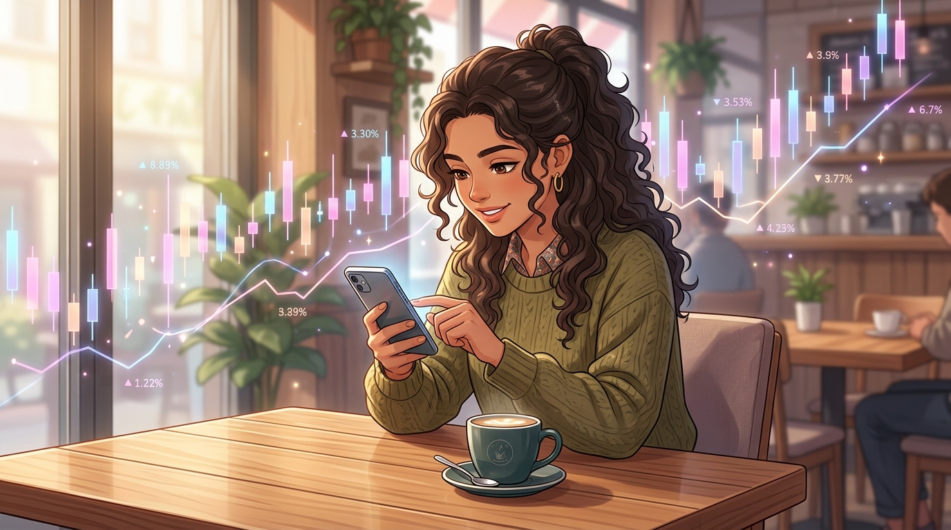 Illustration of a young woman checking investment charts on her phone at a coffee shop, with glowing stock candlestick charts in the background