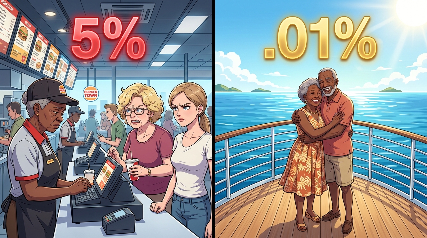 Split illustration contrasting a stressful 5% fast food transaction fee with a peaceful .01% retirement scene of a couple on a cruise, illustrating how small fees compound over time