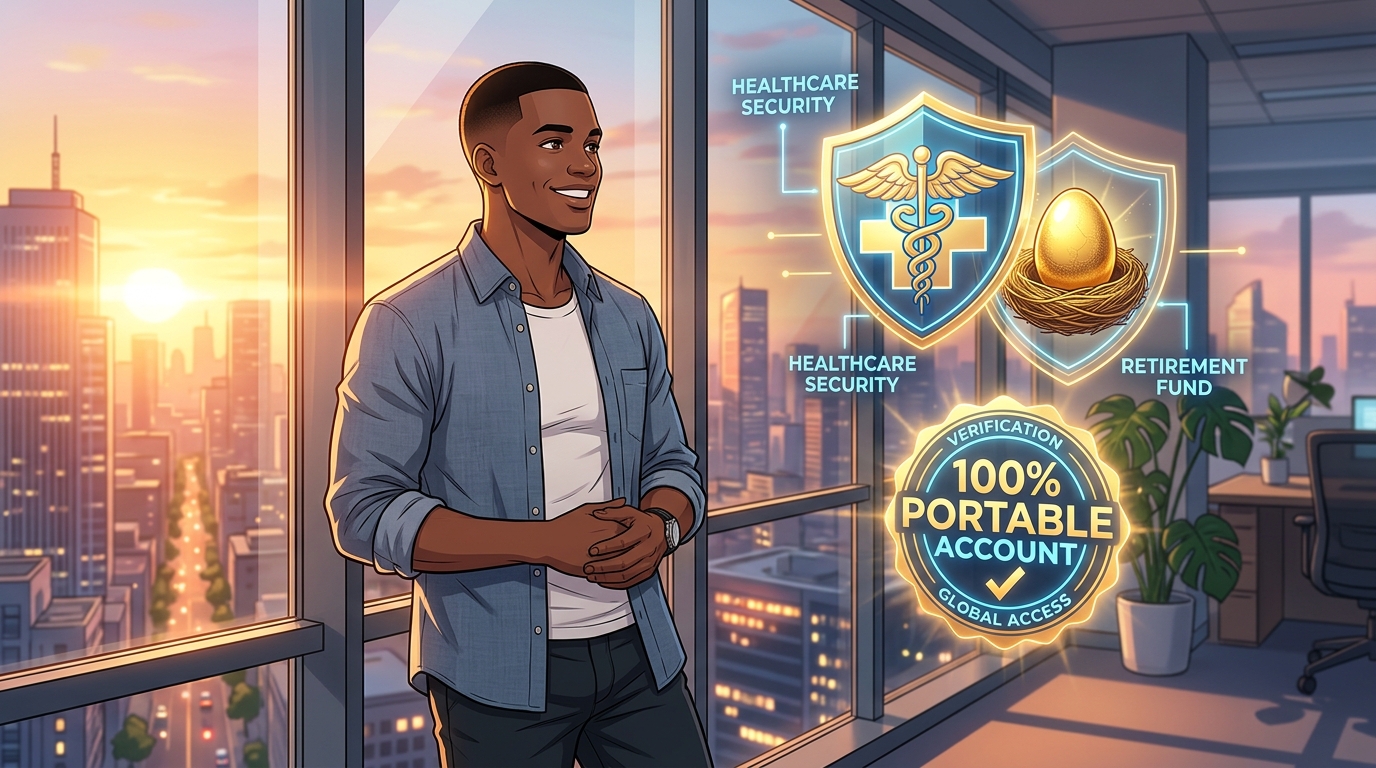 Illustration of a man beside shields reading Healthcare Security and Retirement Fund with a golden egg nest, and a badge reading 100 percent Portable Account
