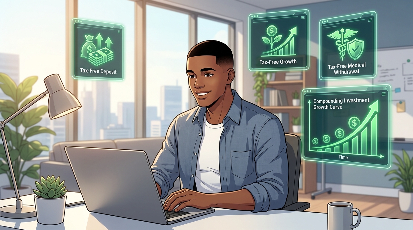 Illustration of a man at his laptop with glowing panels showing tax-free deposit, tax-free growth, tax-free medical withdrawal, and a compounding investment growth curve