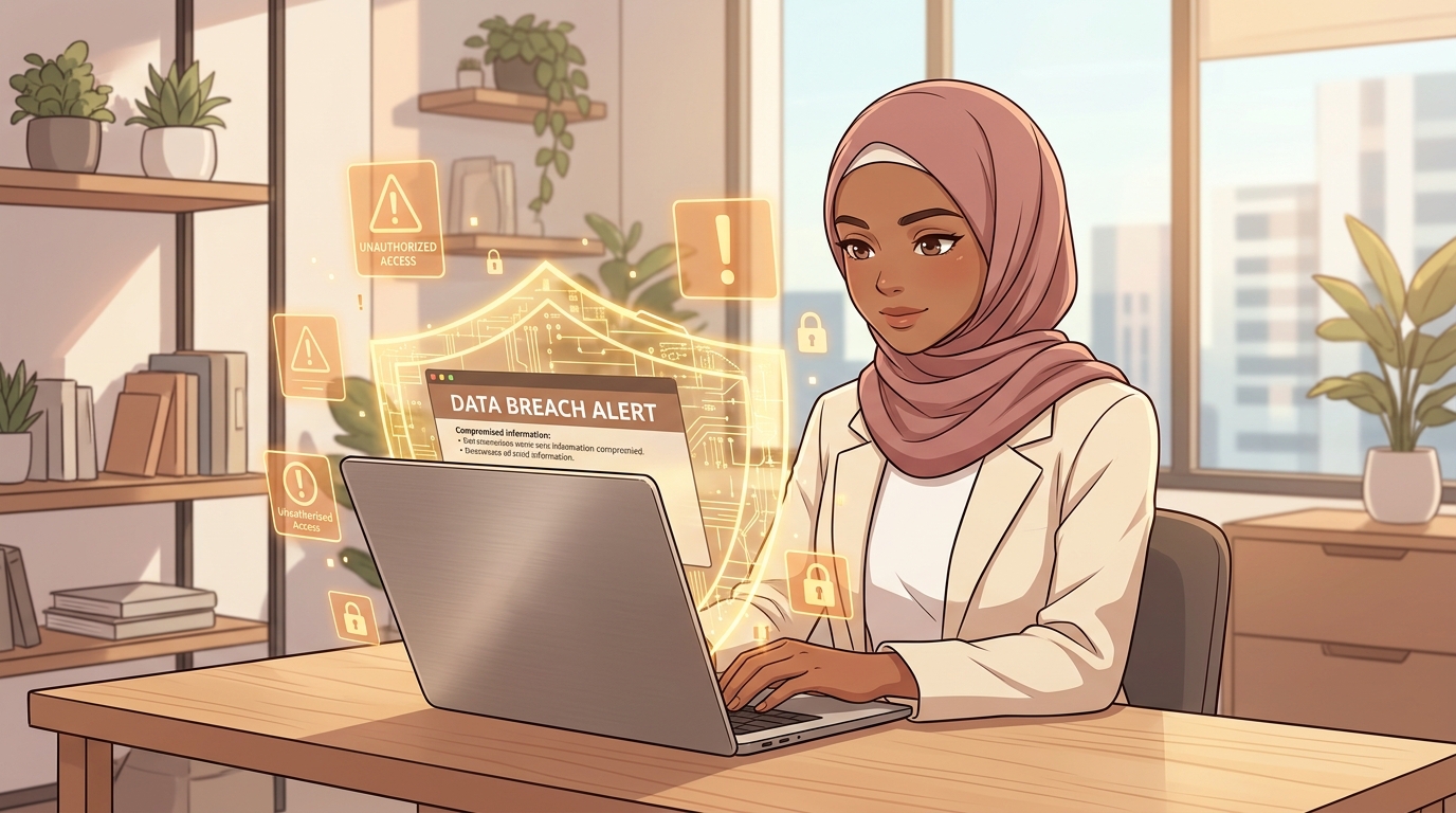 Illustration of a woman at her laptop receiving a data breach alert with unauthorized access warning icons around her