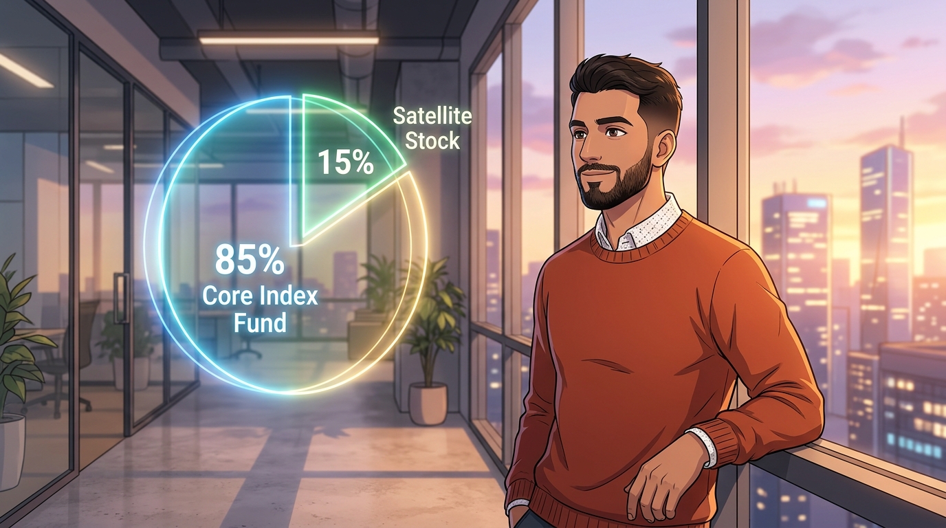 Illustration of a man beside a glowing pie chart showing an 85 percent core index fund allocation and a 15 percent satellite stock allocation