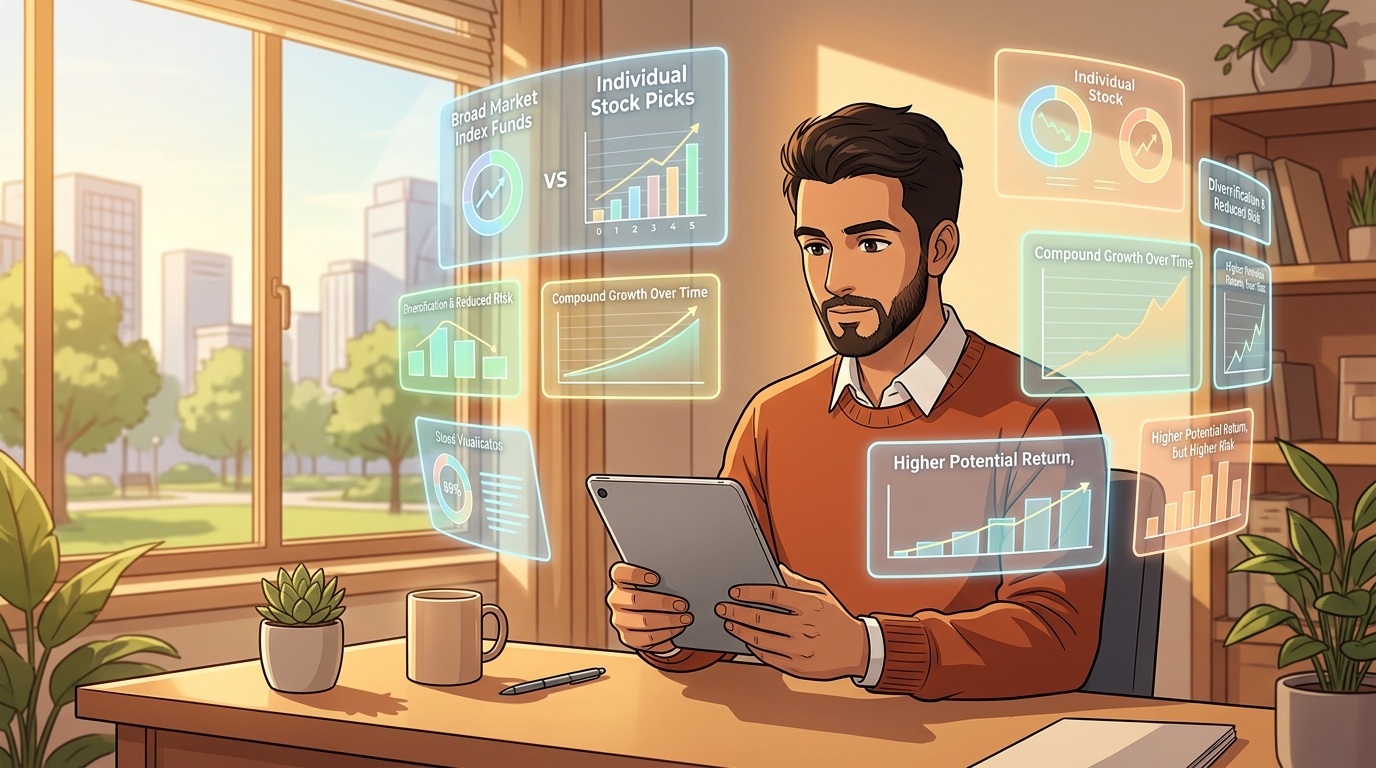 Illustration of a man reviewing a tablet with holographic comparison panels showing broad market index funds versus individual stock picks