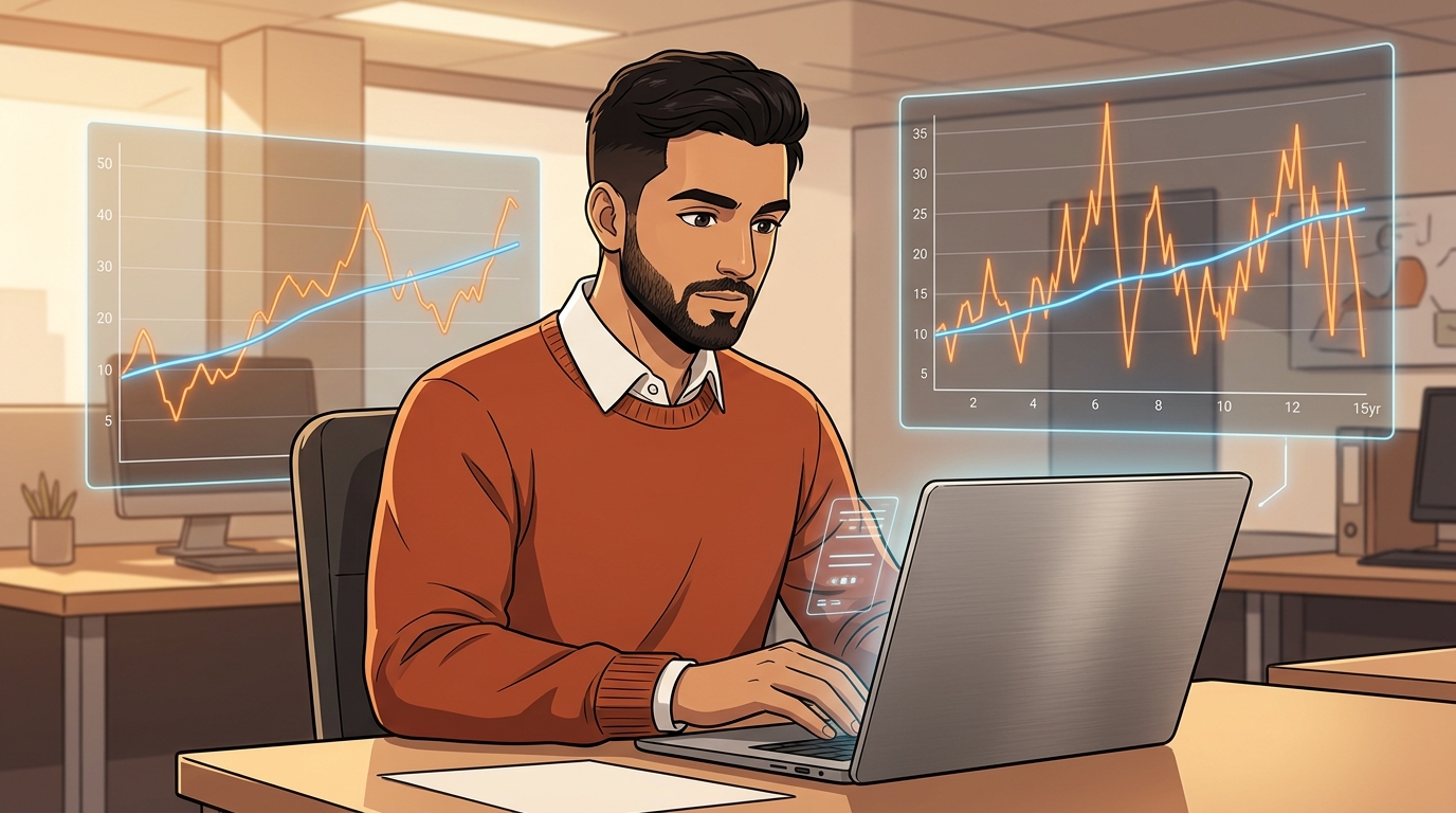 Illustration of a man analyzing volatile stock performance charts against a smoother benchmark trend line over multiple years