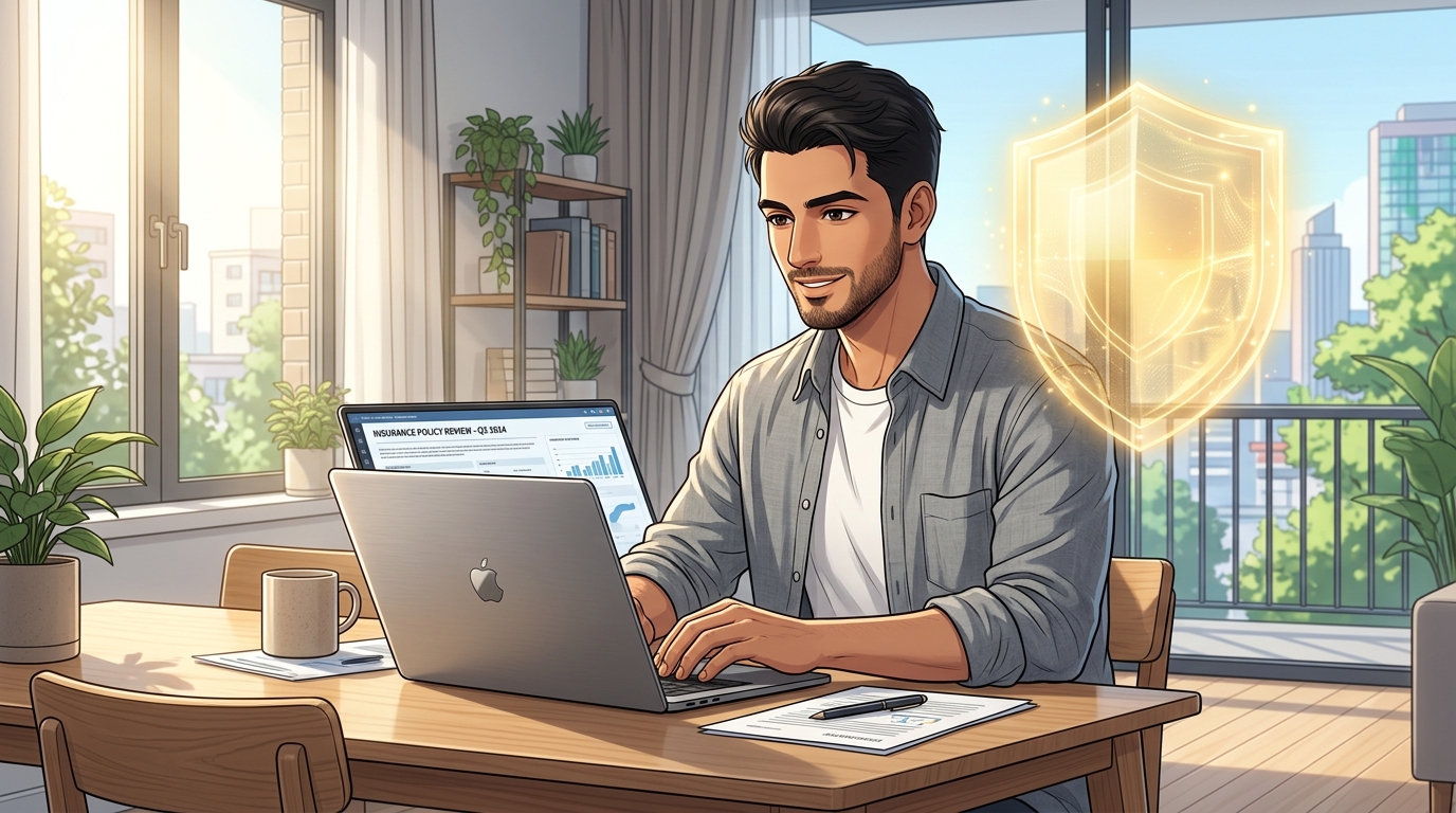Illustration of a man reviewing an insurance policy on his laptop at home with a glowing protective shield icon beside him