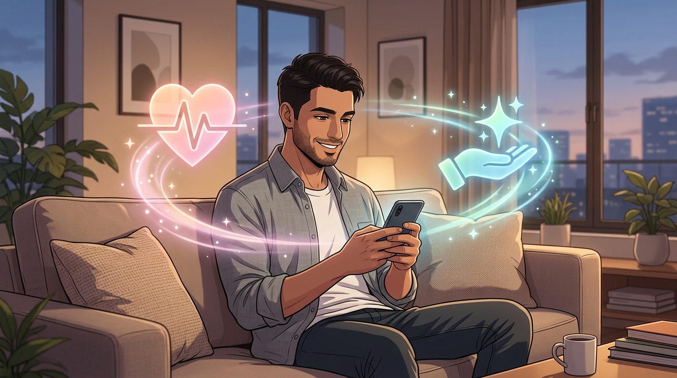 Illustration of a smiling man on his couch with glowing heart-rate and protective hand icons, representing health and life coverage
