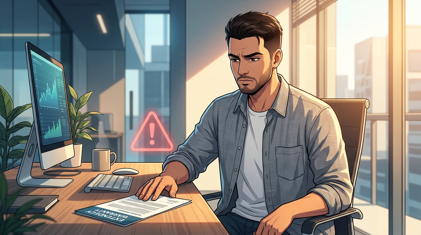 Illustration of a concerned man looking at an extended warranty document with a red warning triangle beside a declining stock chart