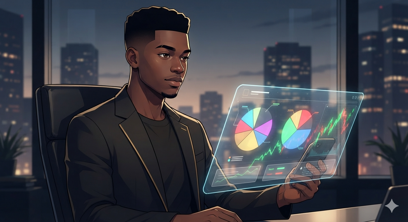 Illustration of a man reviewing holographic sector performance charts and pie graphs on a transparent display