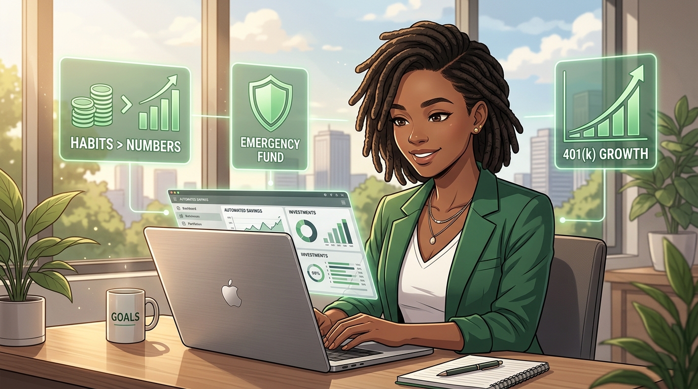 Illustration of a woman at her laptop with glowing panels reading Habits Greater Than Numbers, Emergency Fund, and 401k Growth