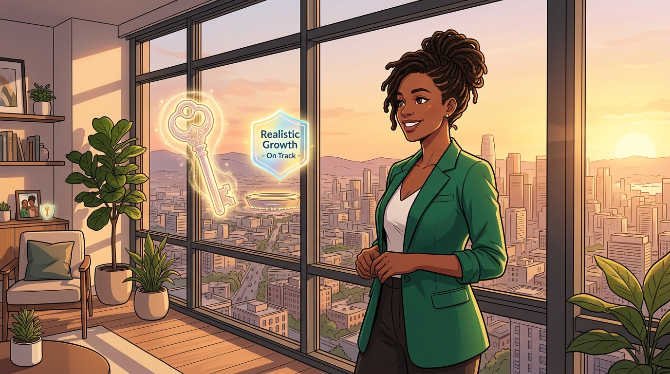 Illustration of a smiling woman with a glowing key and a badge reading Realistic Growth, On Track, overlooking a city skyline