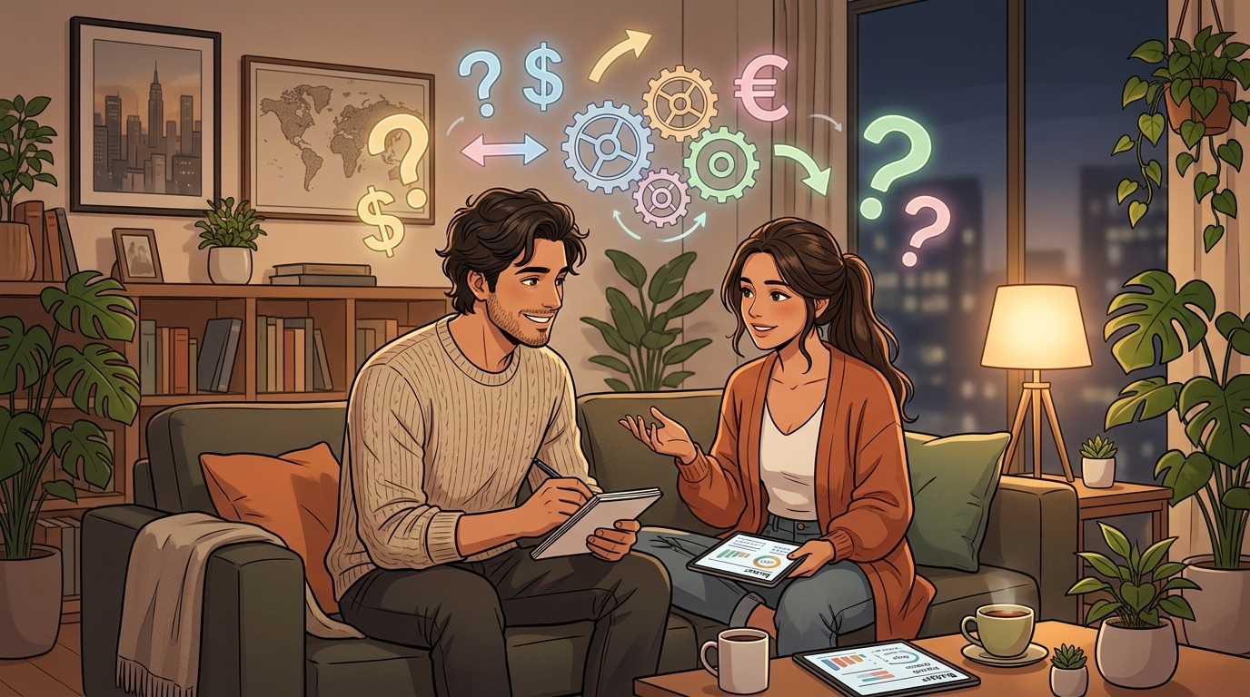 Illustration of a couple talking on the couch surrounded by floating question marks, currency symbols, and gears representing differing money mindsets