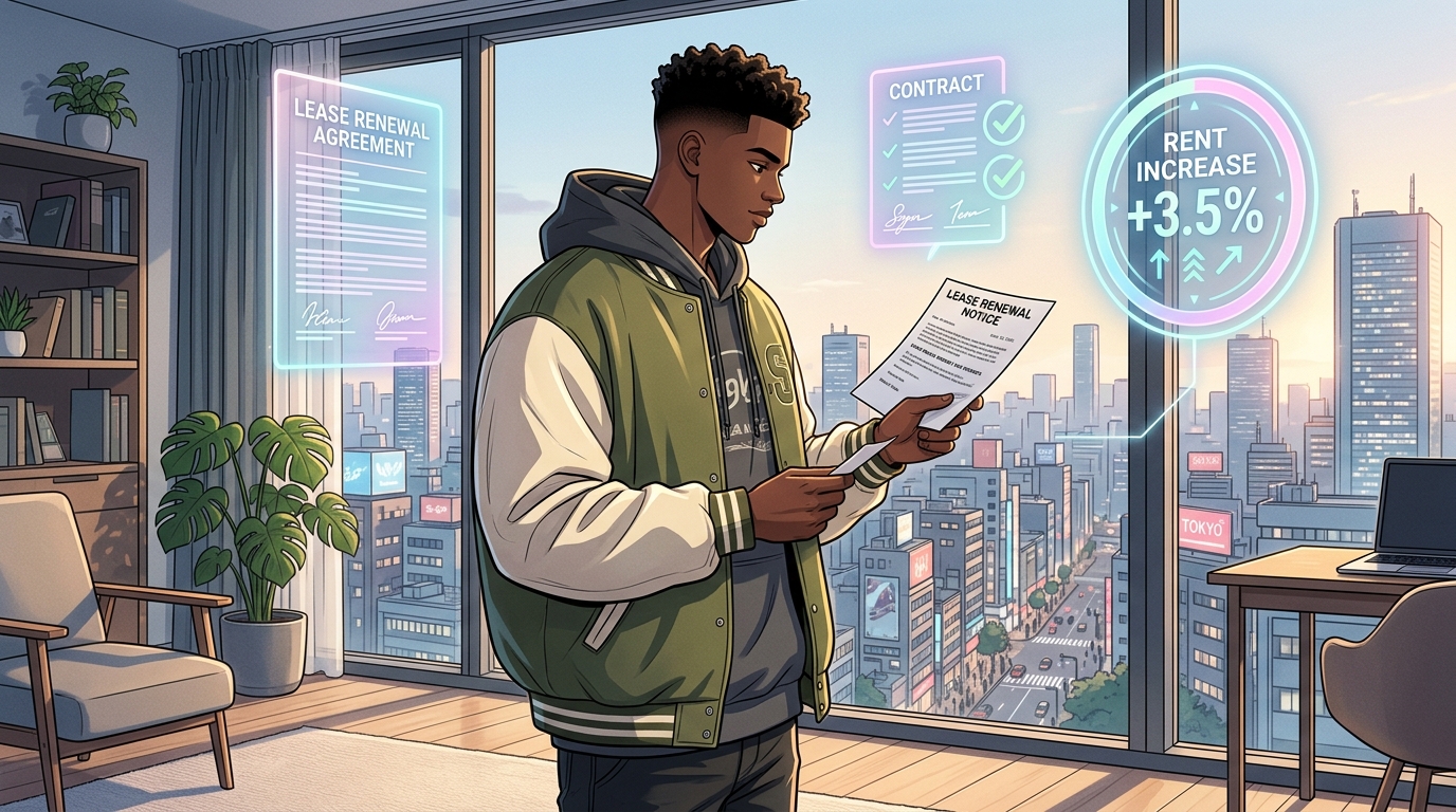 Illustration of a young man reading a lease renewal notice showing a 3.5 percent rent increase against a city skyline
