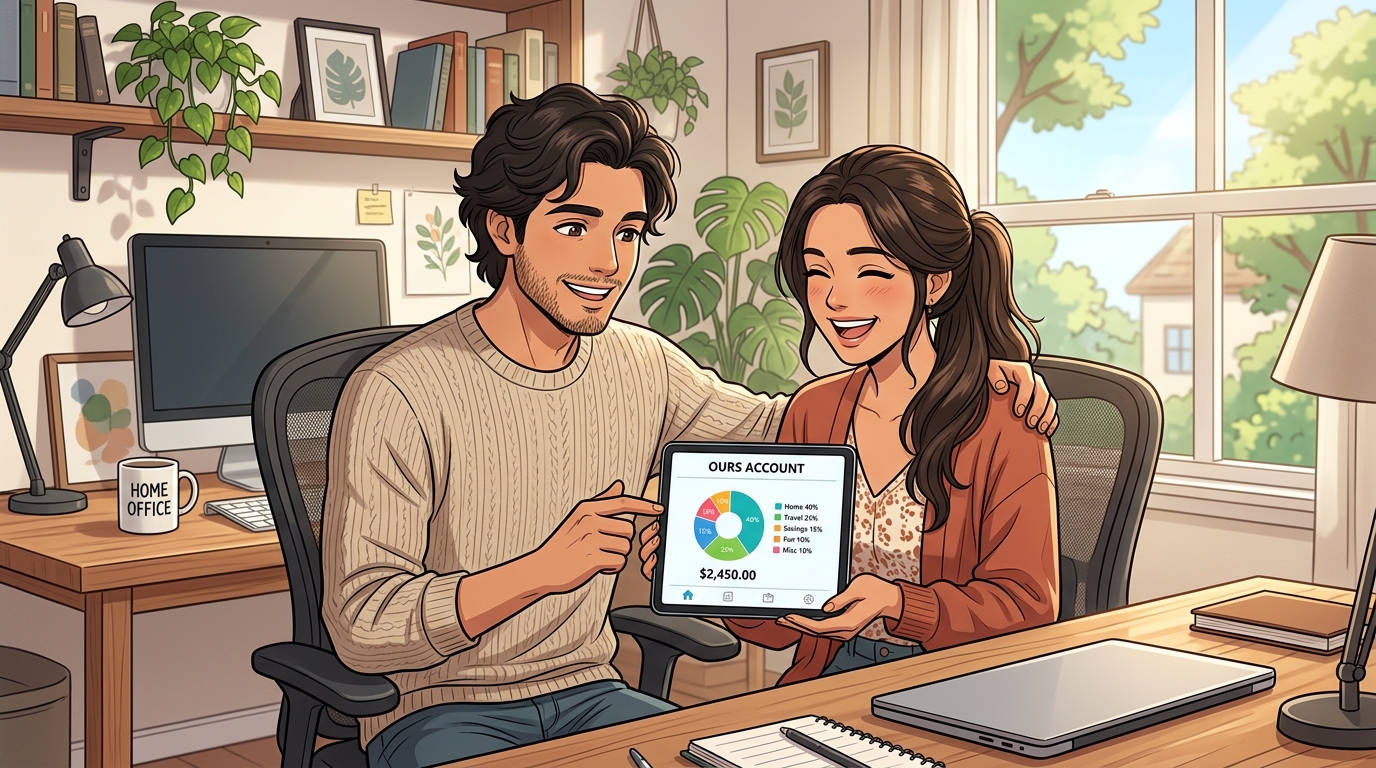 Illustration of a couple smiling while looking at a tablet showing a shared 'Ours Account' with a budget breakdown pie chart