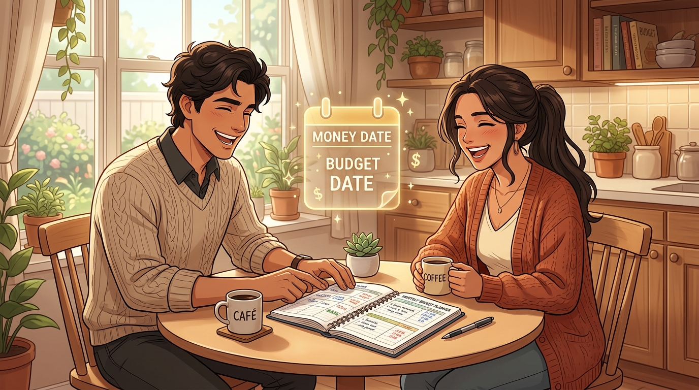 Illustration of a laughing couple reviewing a budget planner together over coffee with a glowing calendar reading 'Money Date, Budget Date'