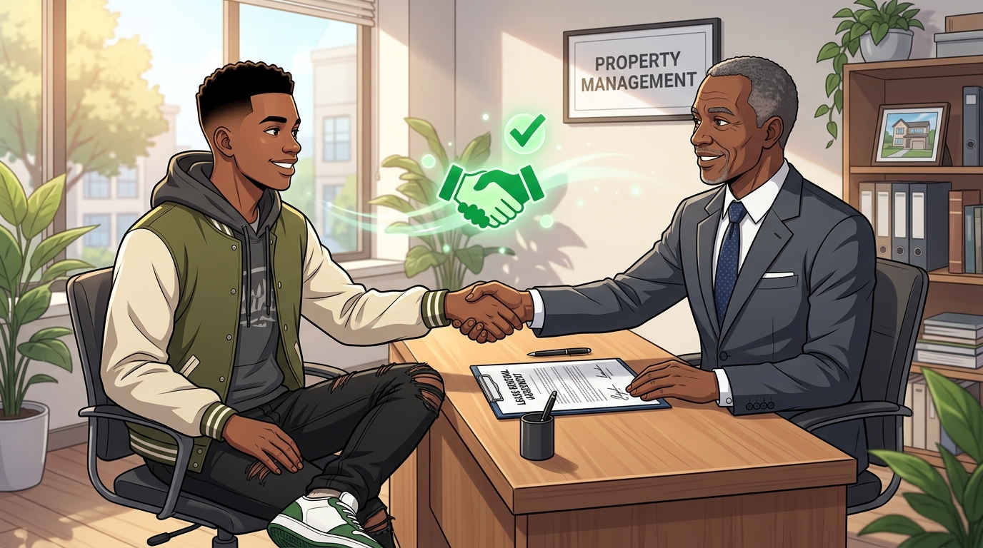 Illustration of a tenant and a property manager shaking hands over a signed lease renewal agreement