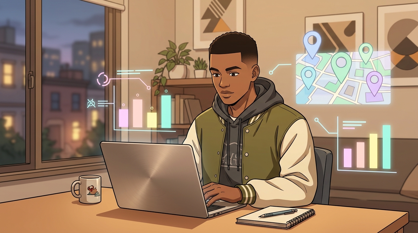 Illustration of a man researching comparable rental listings on his laptop with a map showing nearby units and rent comparison charts