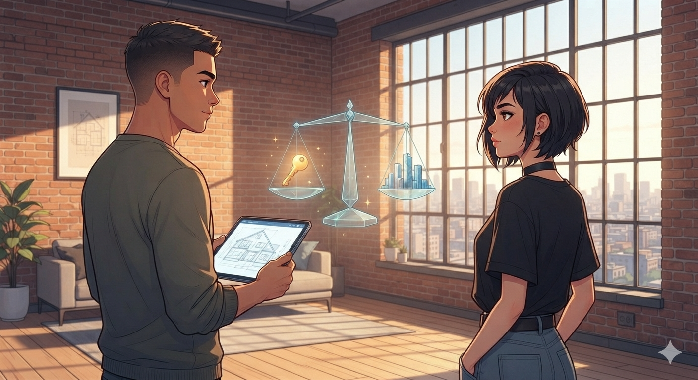 Illustration of a couple weighing a decision between a house key and city skyline on a glowing balance scale