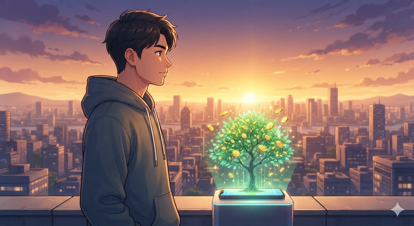 Illustration of a young man looking out at a city skyline sunset with a money tree growing from his phone, symbolizing financial growth