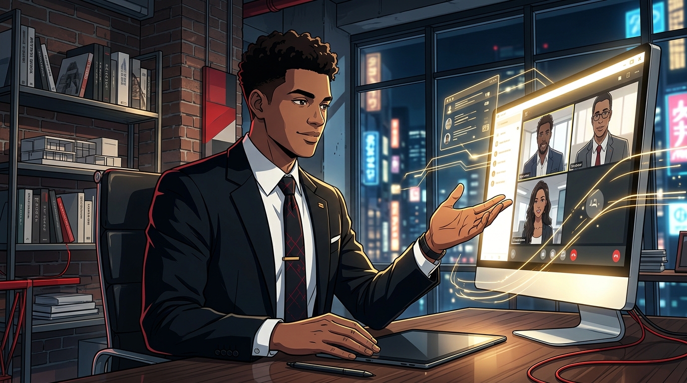 Illustration of a man confidently negotiating during a video call with colleagues, city lights visible through the office window at night