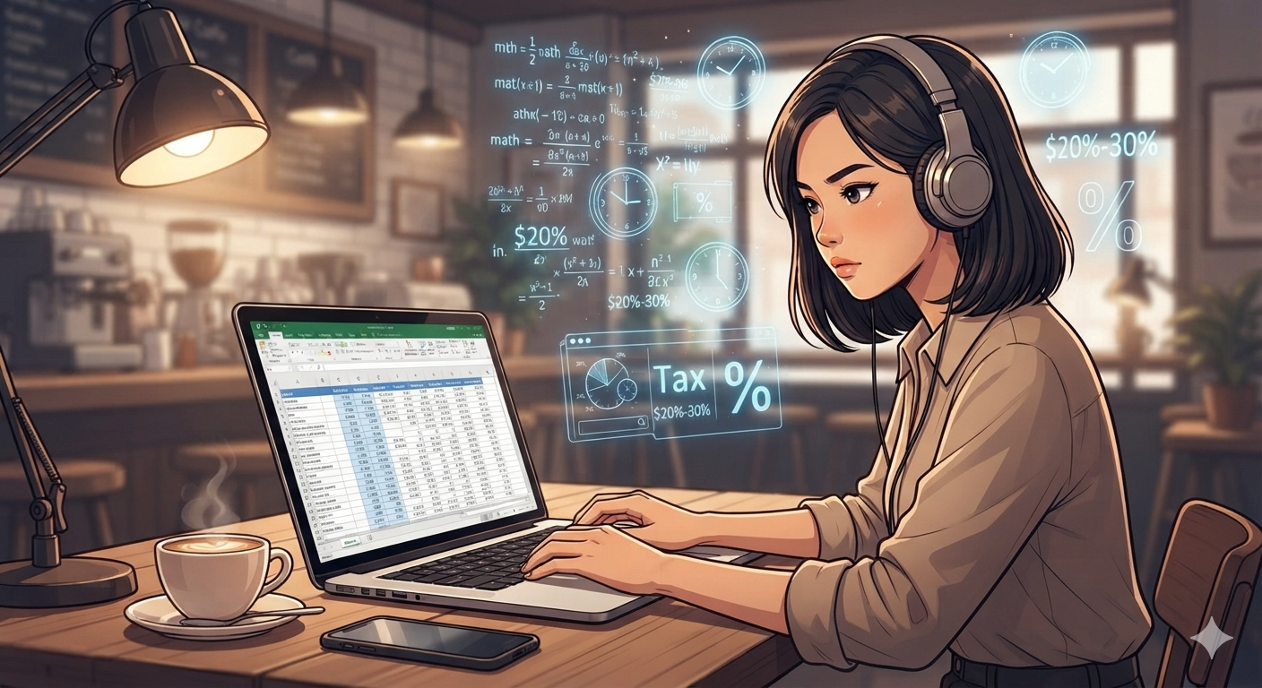 Illustration of a woman working on a laptop with side hustle finances, tax percentages, and spreadsheet data displayed around her