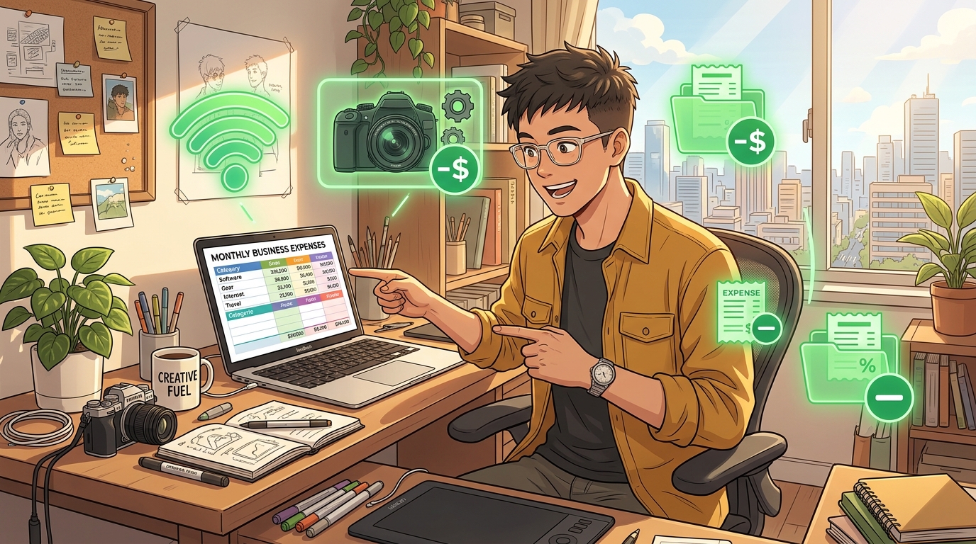 Illustration of a freelancer reviewing a monthly business expenses spreadsheet with deductible items like camera gear, software, and internet highlighted