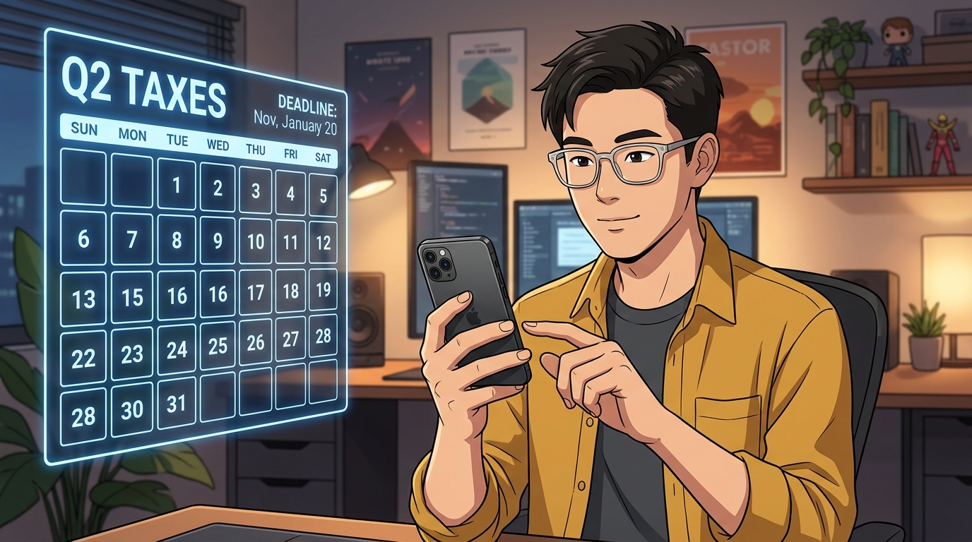 Illustration of a freelancer checking a payment confirmation on his phone next to a glowing calendar showing quarterly tax due dates marked paid