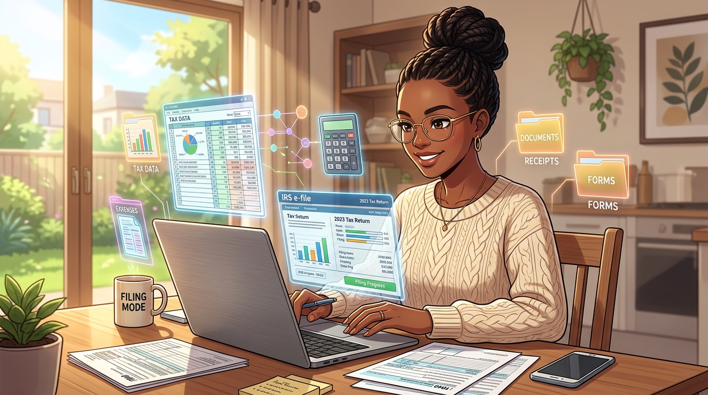 Illustration of a woman filing taxes online with holographic tax data, forms, receipts, and IRS e-file panels floating around her laptop