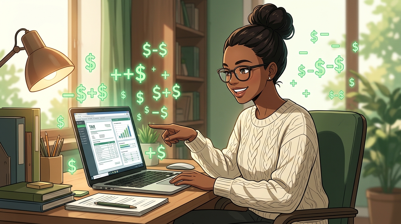 Illustration of a woman pointing at a tax summary on her laptop with floating plus and minus dollar signs representing deductions and credits