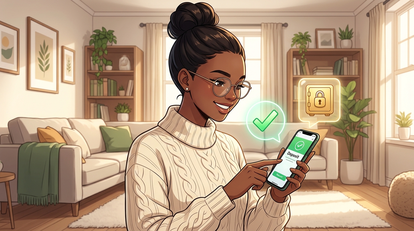 Illustration of a smiling woman confirming a deposit on her phone with a checkmark and a secure vault icon, representing a tax refund