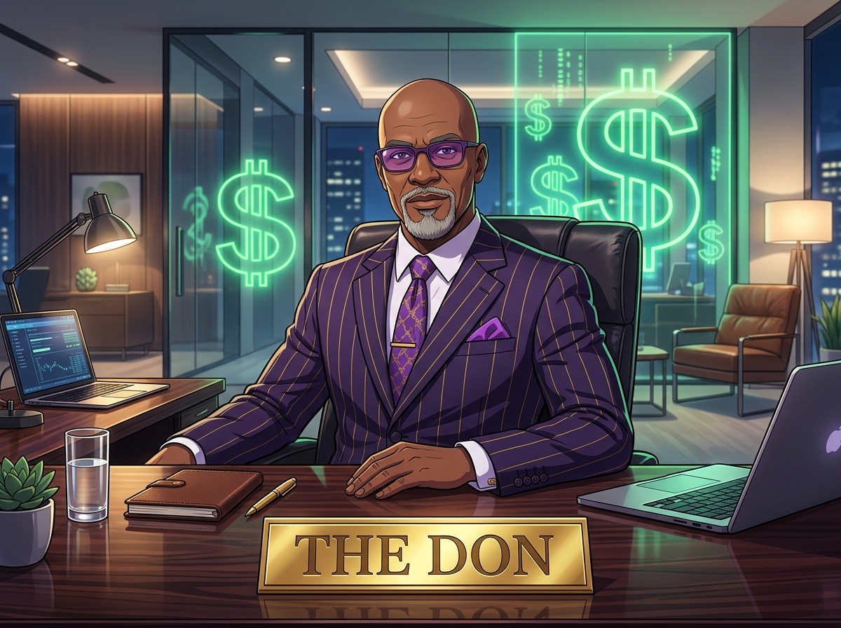 Illustration of The Don, a sharp-dressed advisor in a pinstripe suit sitting at his desk with a name plate reading THE DON