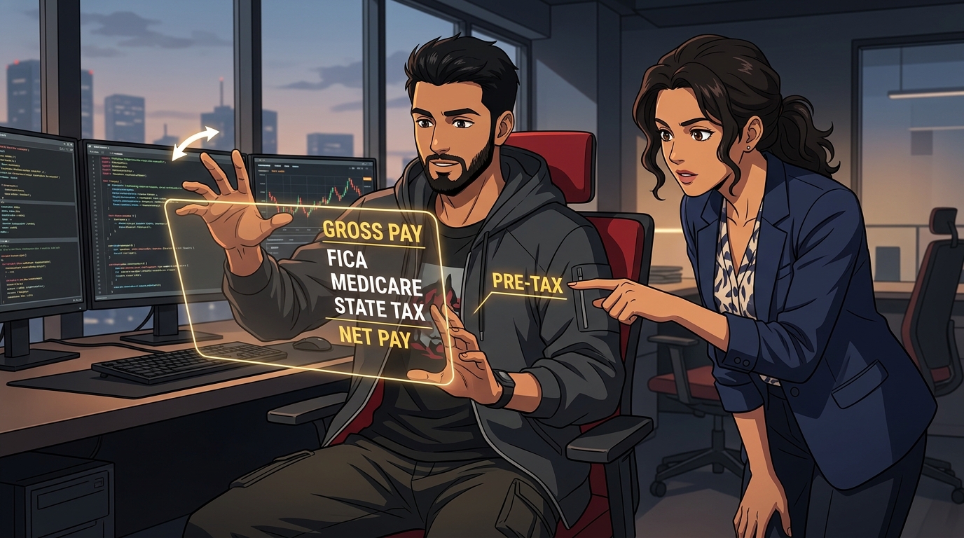 Illustration of a man explaining a holographic paycheck breakdown showing gross pay, FICA, Medicare, state tax, and net pay to a coworker